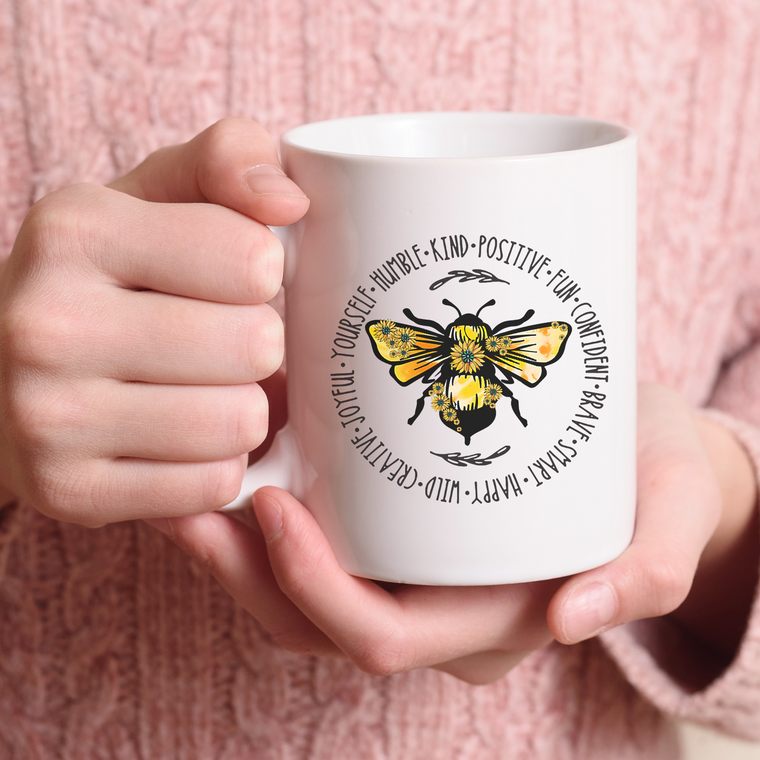 Sunflower Bee Be Kind Positive Happy Wild Creative Joyful Yourself Inspirational Coffee Mug