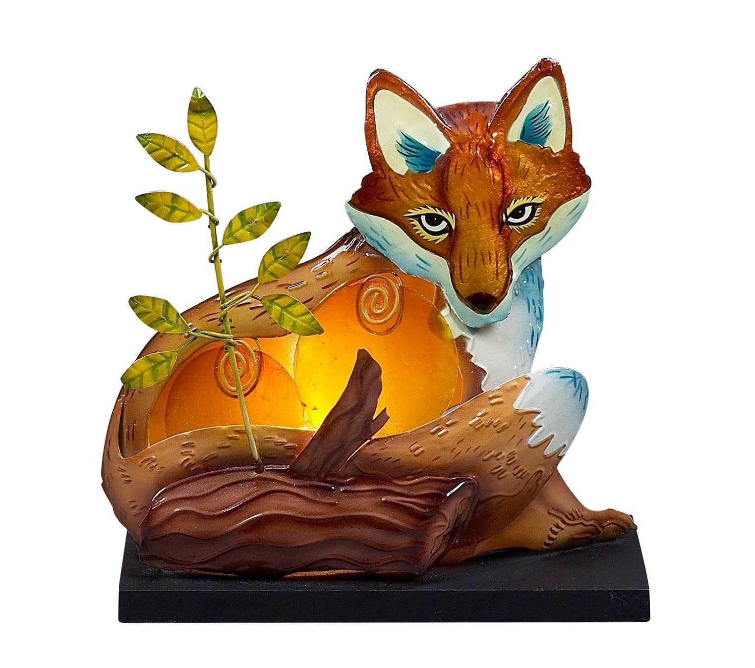 Accent lamp in the shape of a fox hiding behind a log and twig.