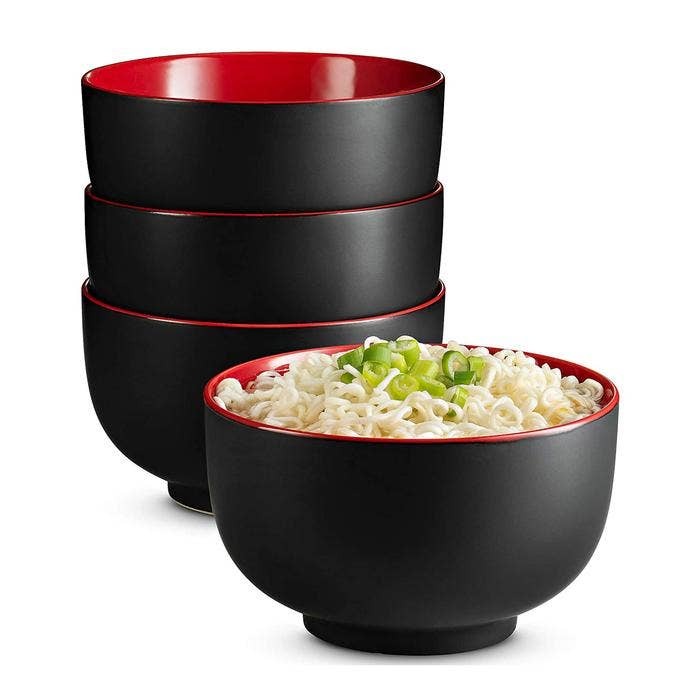 Kook Ceramic Ramen Noodle Bowls, Black/Red, 34 oz, Set of 4
